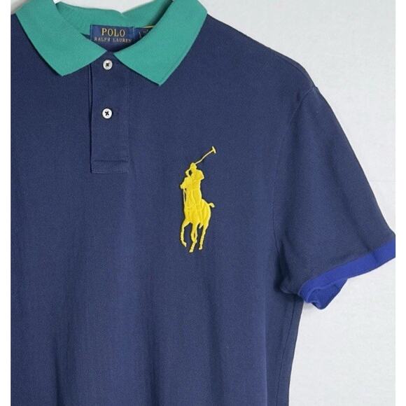 Polo Ralph Lauren Custom Slim Fit Polo Shirt Navy Multi Color Collar Logo Size L - Picture 1 of 9